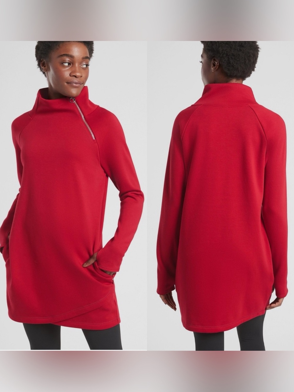 Athleta Cozy Karma Asym Sweatshirt Dress tunic Candy Red turtleneck Large petite